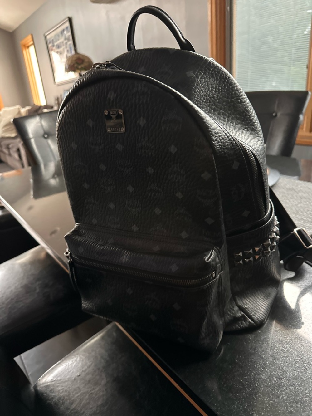 MCM Black Monogram Studded Leather Backpack